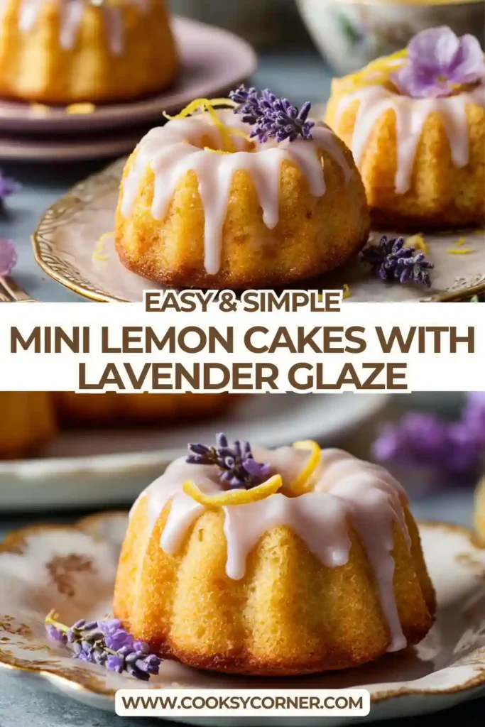Close-up of glazed mini lemon cakes showing glossy lavender drizzle and tender crumb texture.