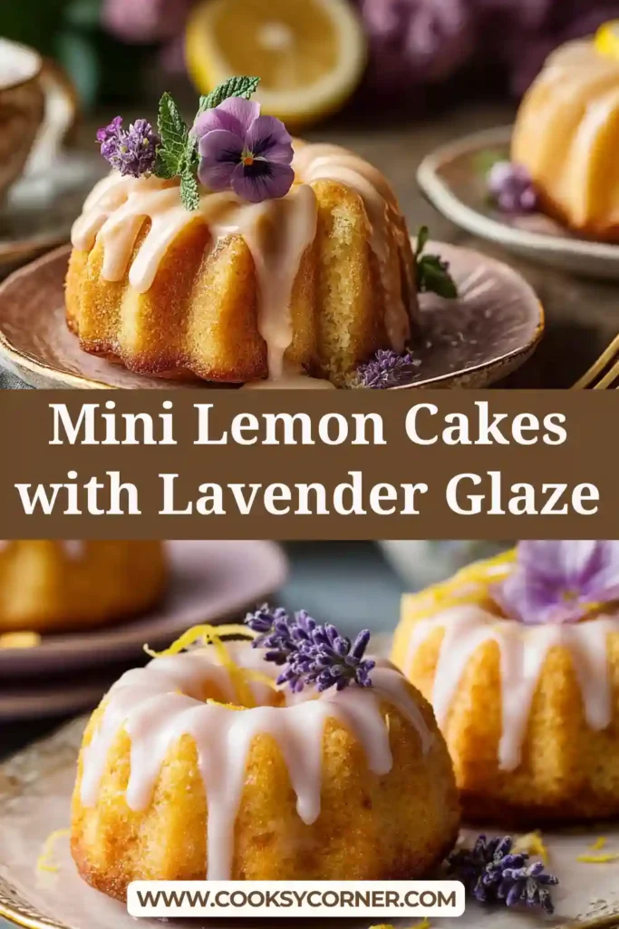 Mini Lemon Cakes with Lavender Glaze topped with edible flowers and fresh lemon zest on a cooling rack.