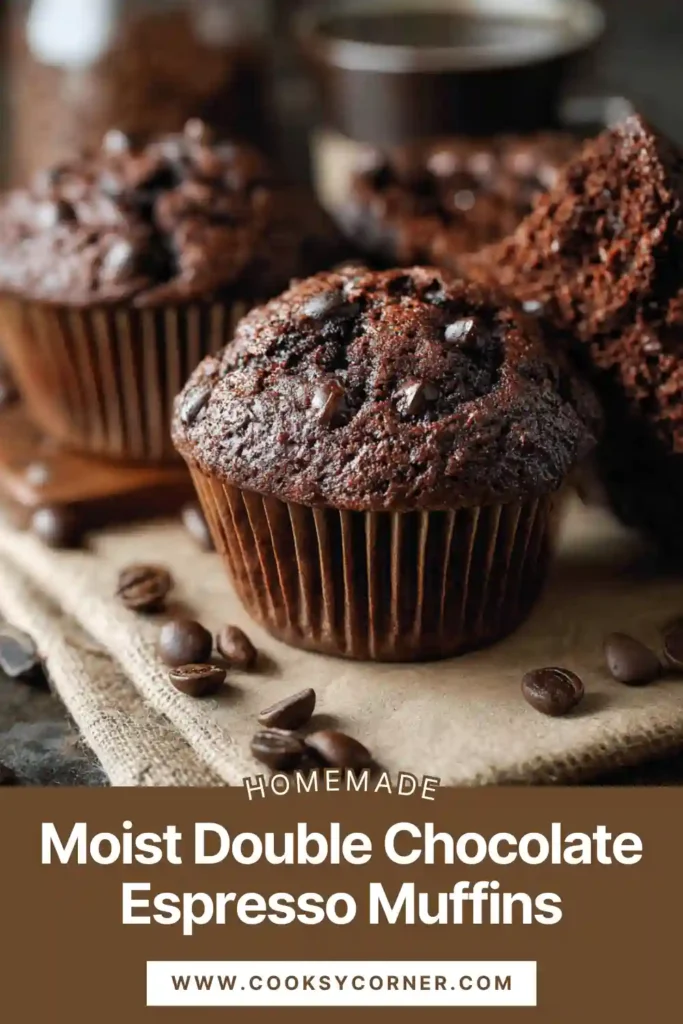 Freshly baked double chocolate muffins cooling on a wire rack with glossy chocolate chips pressed on top for bakery finish.