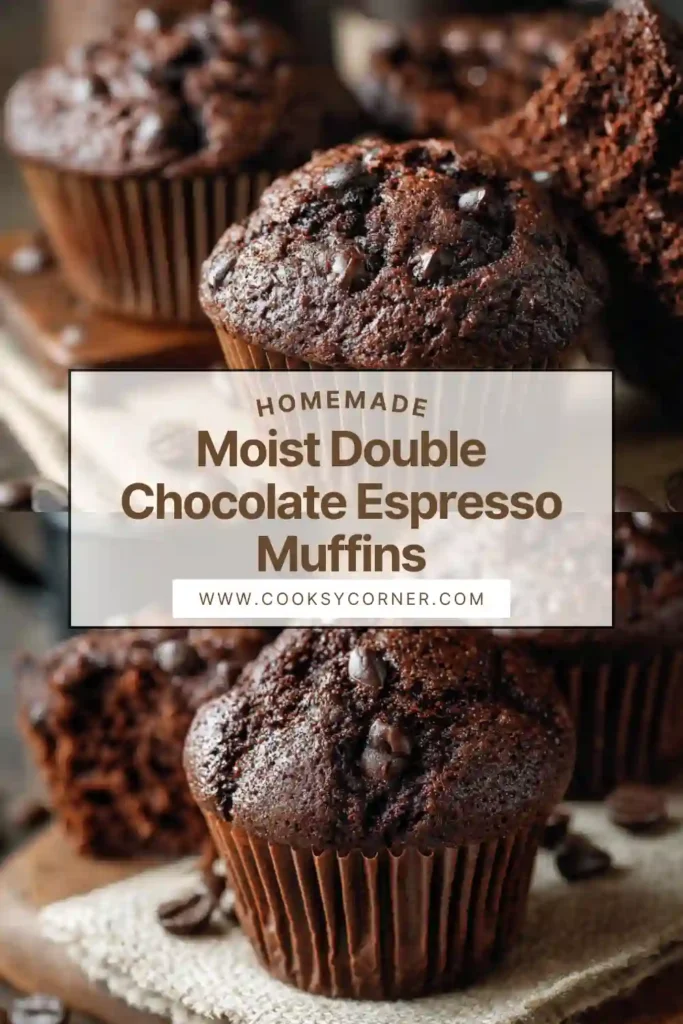 Close-up of chocolate espresso muffins made with sour cream, featuring moist interior and gooey chocolate chips throughout.