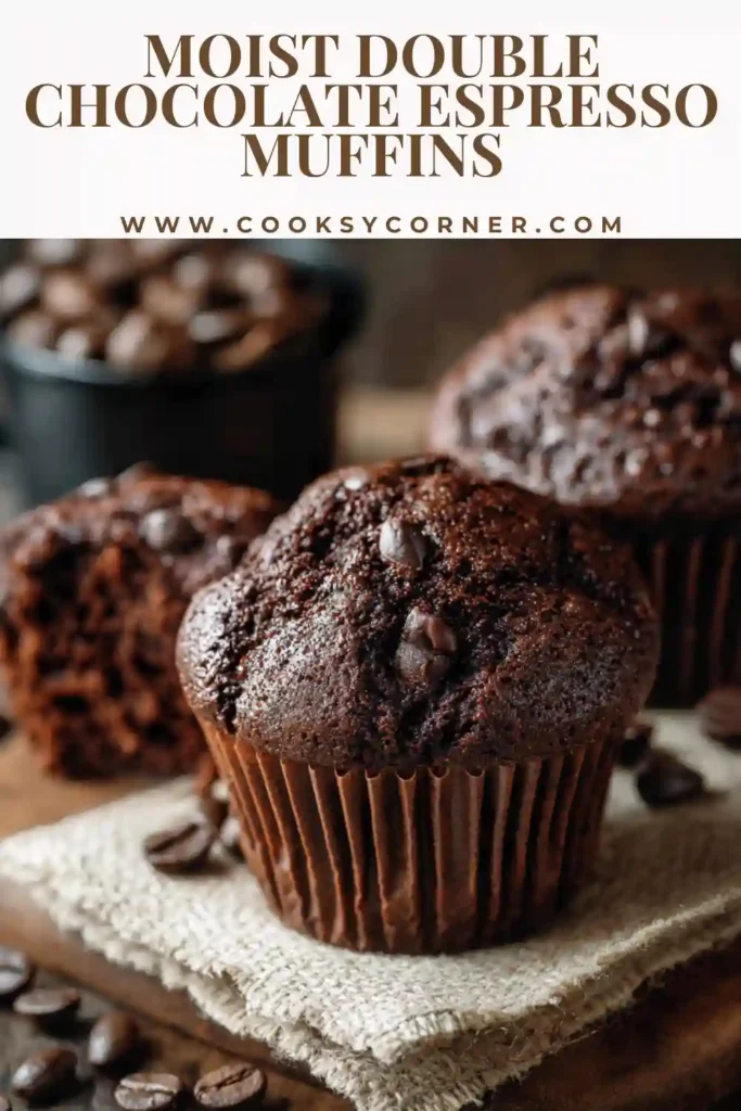Moist Double Chocolate Espresso Muffins with tall bakery-style tops and melted chocolate chips on top, showing rich cocoa texture and soft crumb.