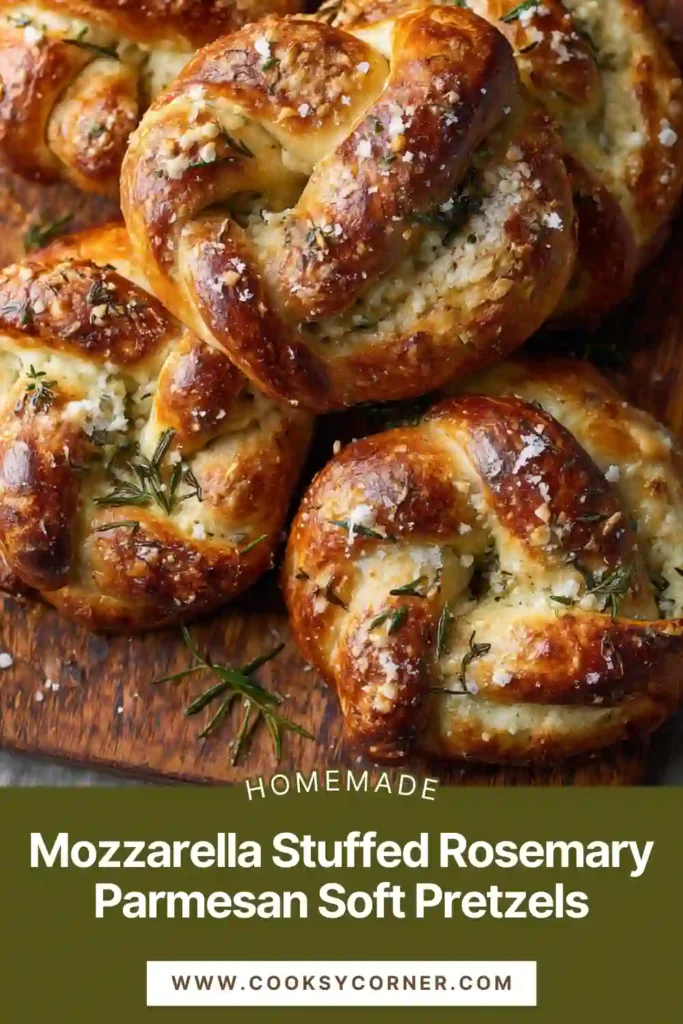 Golden brown mozzarella stuffed rosemary parmesan soft pretzels on parchment paper with melted cheese inside and fresh herb topping. The pretzels have a chewy crust and visible parmesan sprinkles.