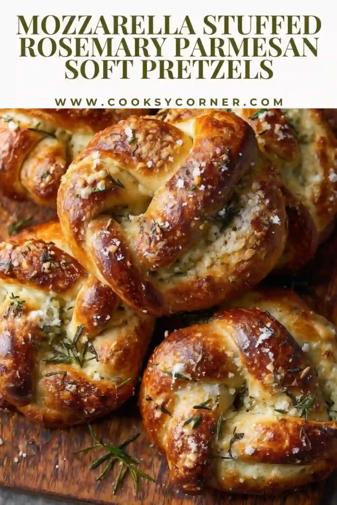 Homemade mozzarella stuffed rosemary parmesan soft pretzels fresh from the oven with gooey cheese center and brushed butter topping.