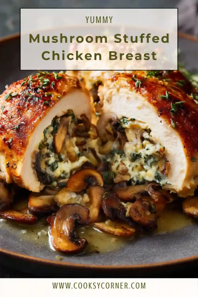 Garlic mushroom stuffed chicken breast baked until golden.