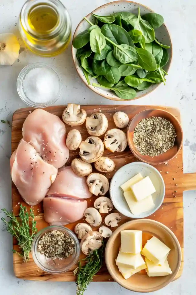 Oven baked mushroom spinach stuffed chicken.