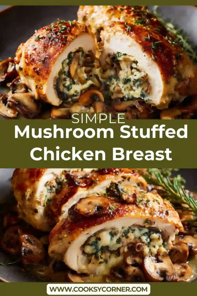 Mushroom-Stuffed Chicken Breast sliced open to reveal spinach and melted cheese filling.