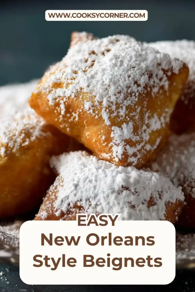 Close-up of fluffy golden beignets covered in confectioners’ sugar.