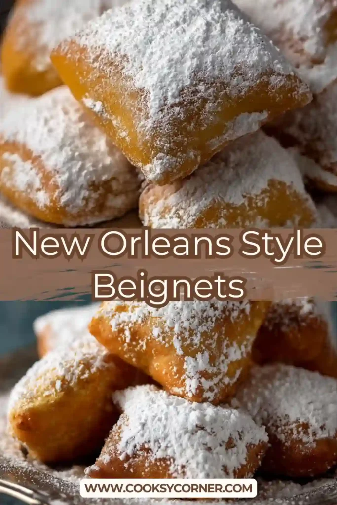 New Orleans-Style Beignets dusted with powdered sugar on a serving plate.