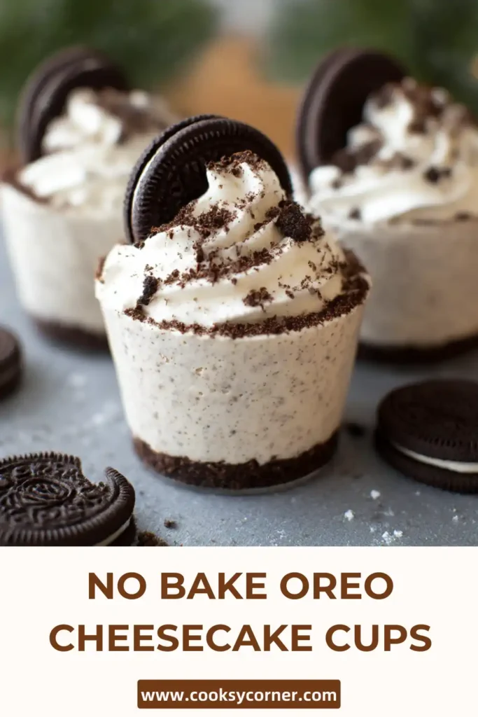 Individual OREO cheesecake cups with fluffy filling and crunchy cookie layers.