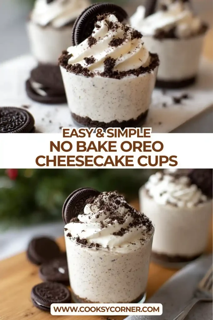 Close-up of No Bake OREO Cheesecake Cups topped with whipped cream and cookie crumbs.