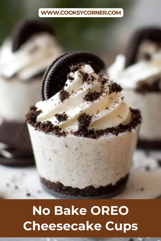 No Bake OREO Cheesecake Cups layered with crushed cookies and creamy cheesecake filling. Easy no bake dessert cups.