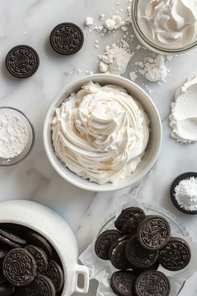No Bake OREO Cheesecake Cups served chilled in clear dessert cups.