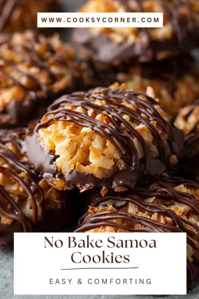 Homemade No-Bake Samoa Cookies featuring toasted coconut, melted caramel, and chocolate coating. Perfect no bake dessert presentation.