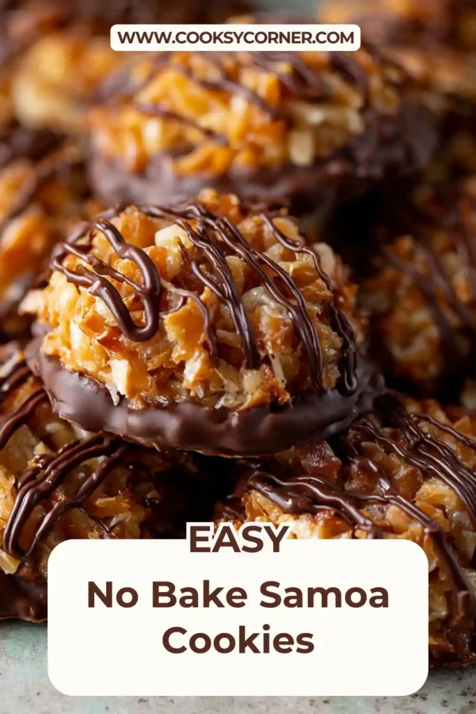 No-Bake Samoa Cookies topped with chocolate drizzle and toasted coconut, arranged on parchment paper. These cookies show rich caramel texture and glossy chocolate finish.