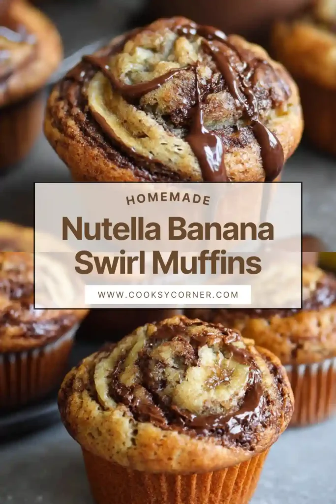 Close-up of banana muffins with rich Nutella swirl pattern on top.