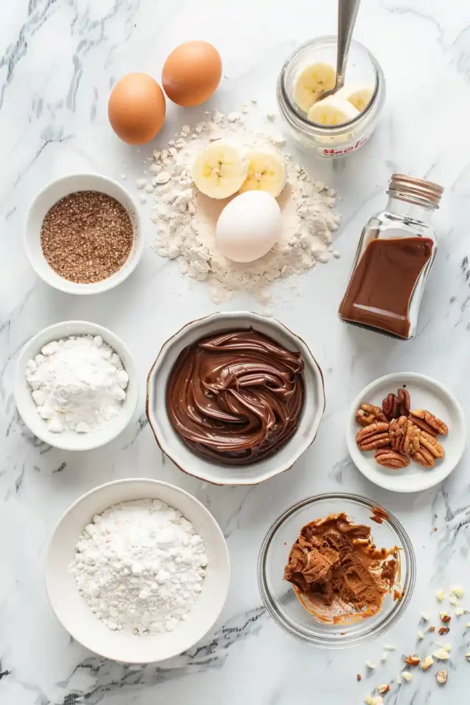 Soft banana muffins with glossy chocolate hazelnut swirl in each center.
