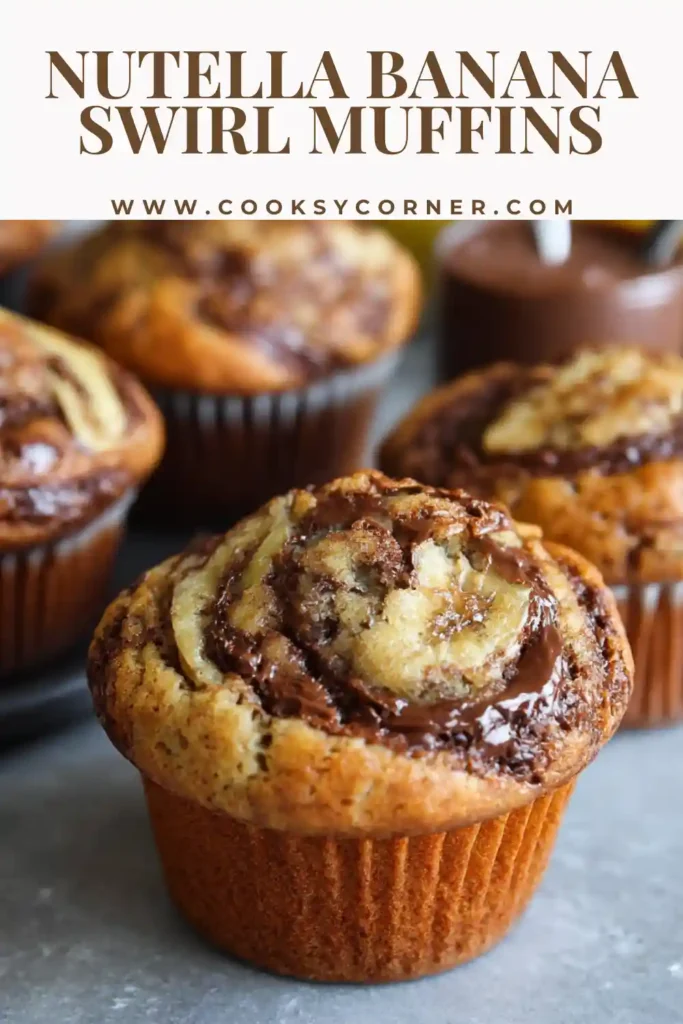 Nutella Banana Swirl Muffins with chocolate hazelnut swirl baked into moist banana muffin tops.