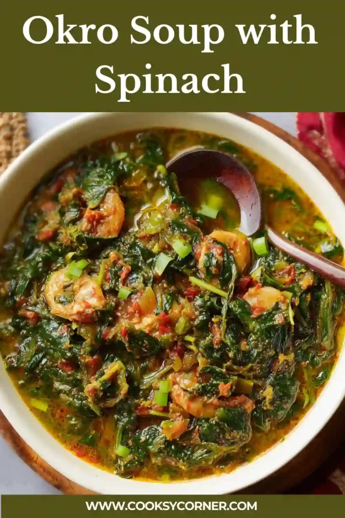 Okro Soup with Spinach served in a bowl with smoked turkey, shrimp, and vibrant green okra.