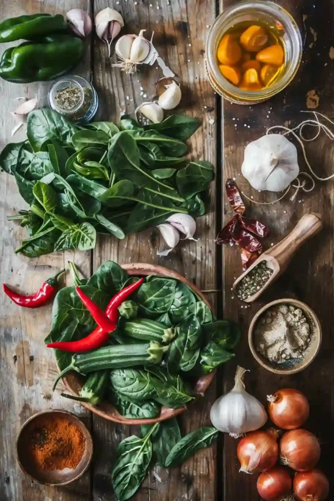 Hearty seafood okra soup with spinach and red palm oil base.