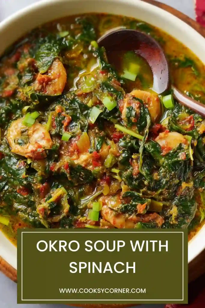 Traditional African okro soup with seafood and thick textured broth.