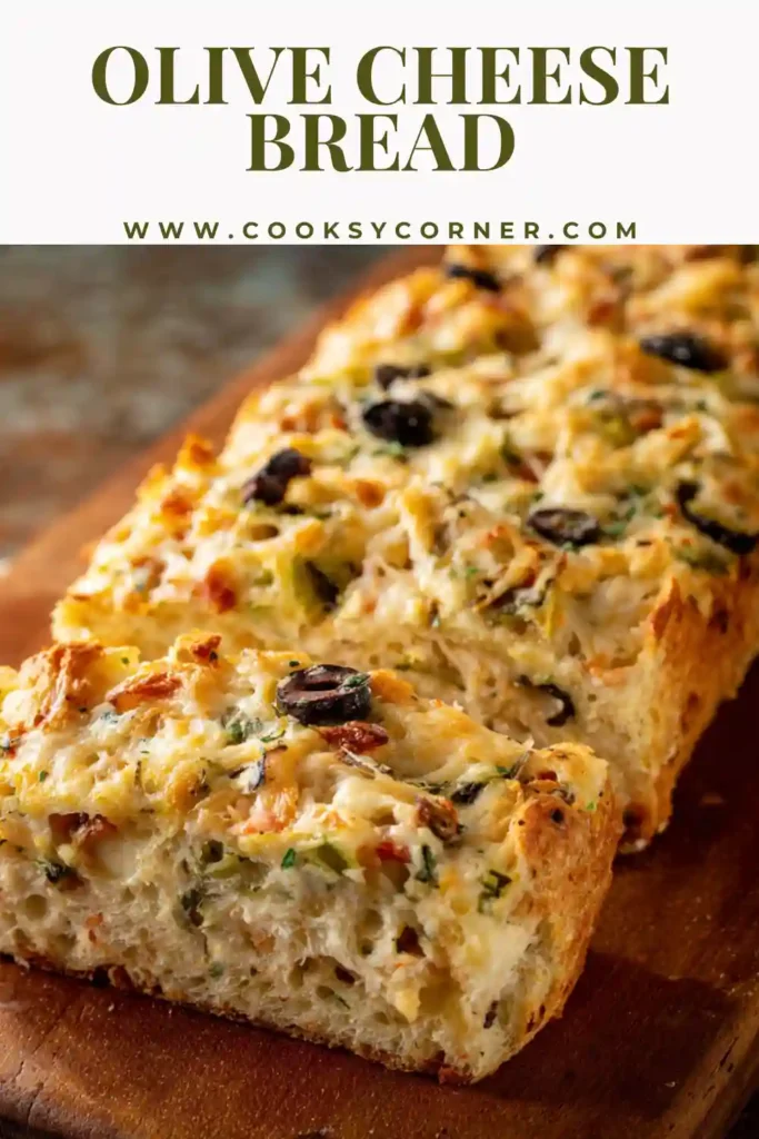 Sliced Olive Cheese Bread showing melted cheese and chopped olives layered on crispy bread.