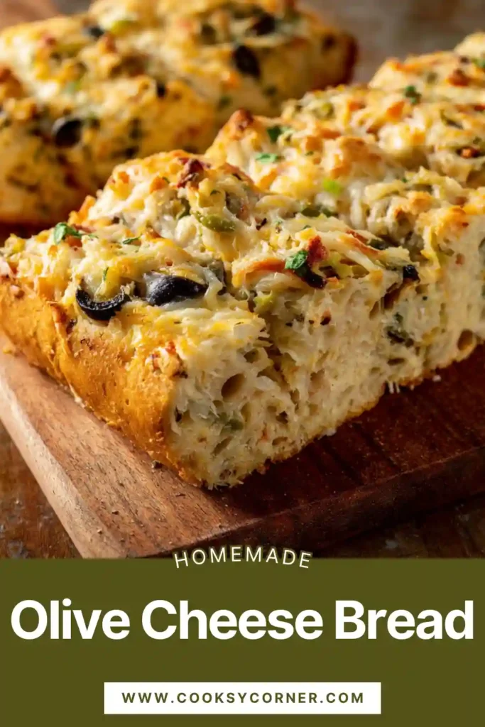 Close-up of cheesy olive bread with bubbly browned cheese and green onions.