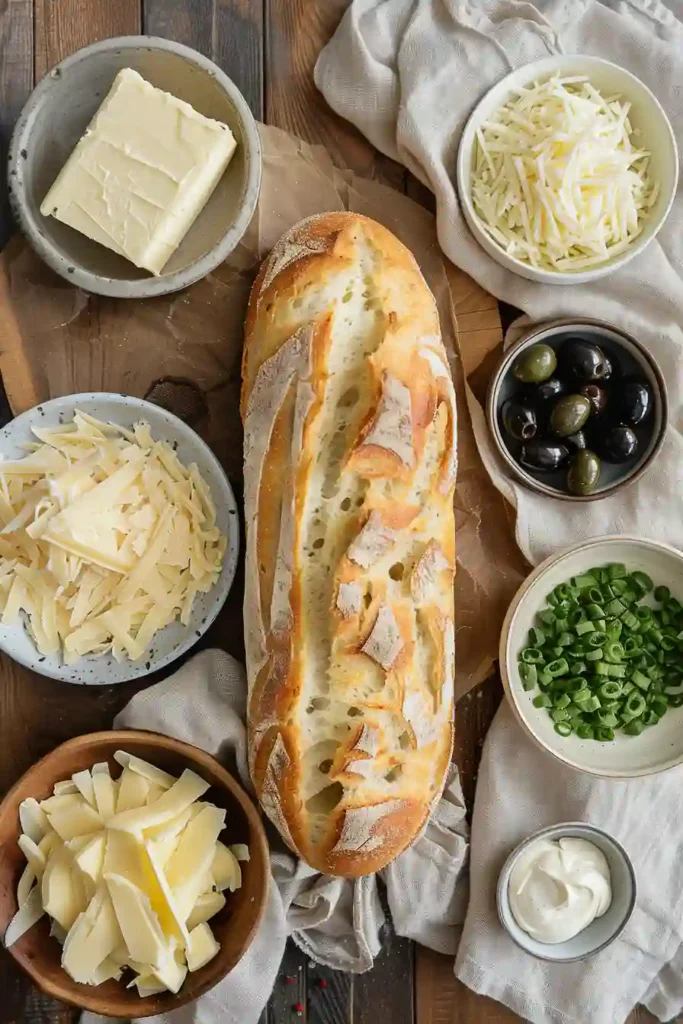 Freshly baked Olive Cheese Bread on a wooden board ready to serve.