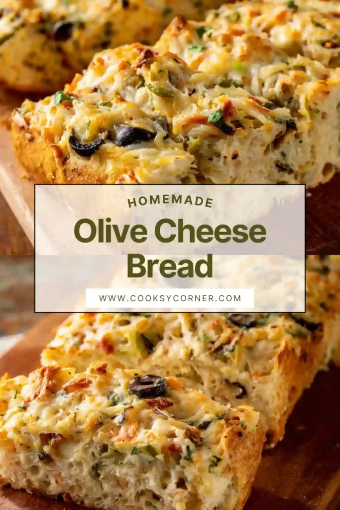 Olive Cheese Bread baked until golden with melted Monterey Jack cheese and chopped olives on French bread.