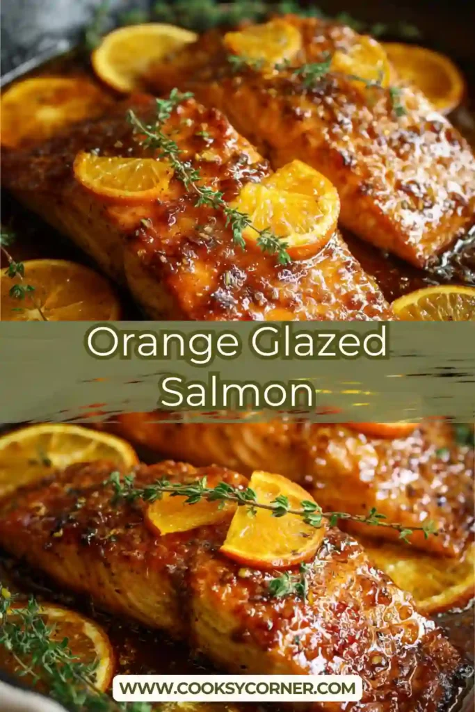 Close up of honey orange glazed salmon with caramelized edges in a cast iron pan.