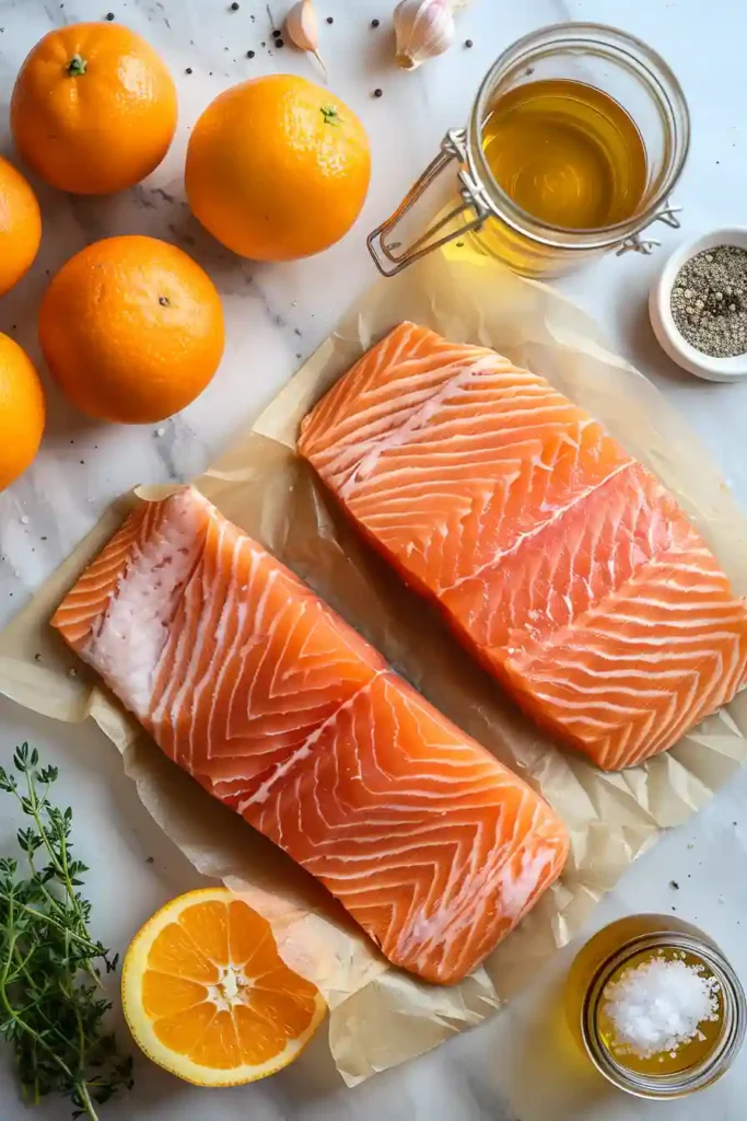 Healthy citrus glazed salmon served with extra sauce spooned over the top.