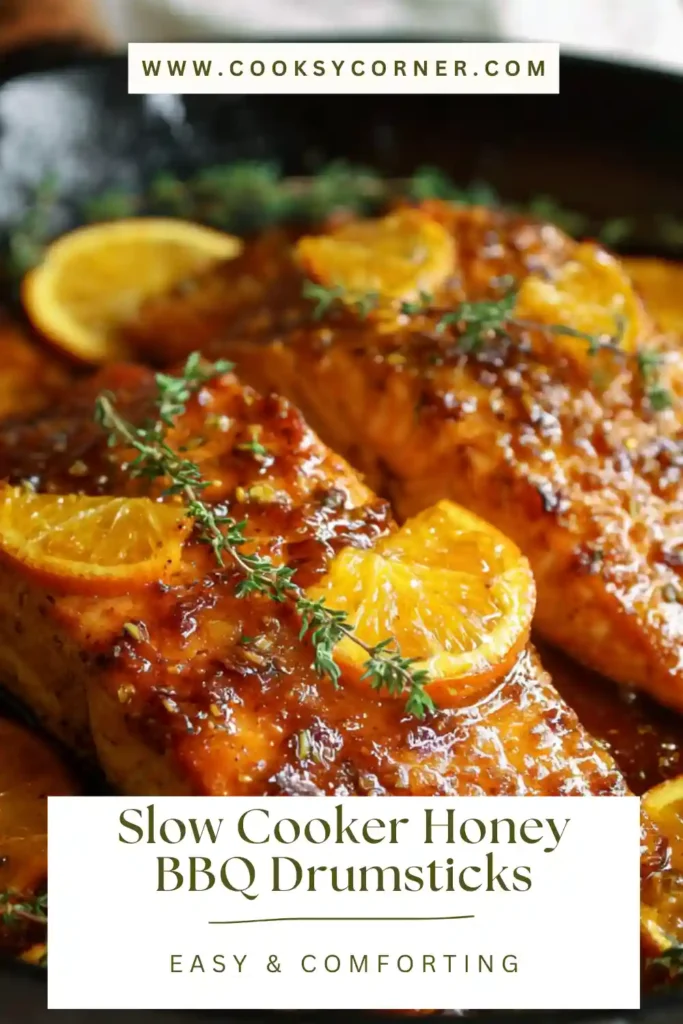 Orange Glazed Salmon fillet in a skillet coated in glossy citrus honey glaze with fresh thyme.