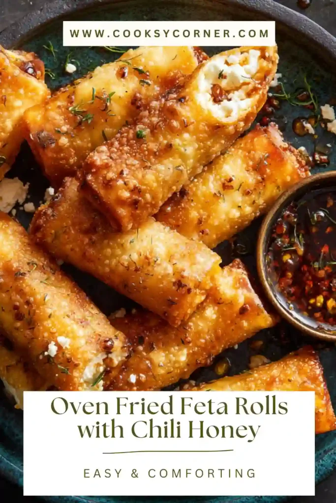 Golden brown feta rolls arranged on parchment paper with honey drizzle.