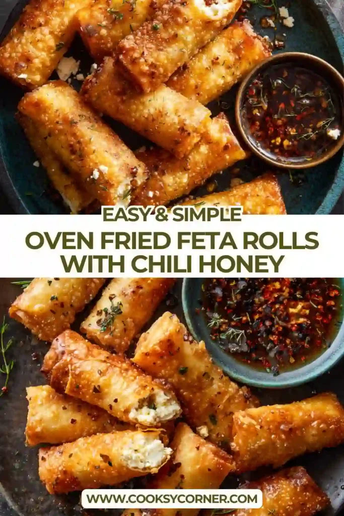 Oven Fried Feta Rolls with Chili Honey served on a platter drizzled with golden honey sauce.