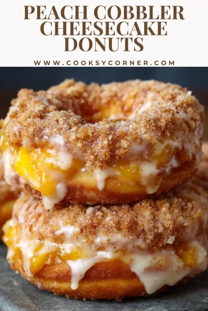 Close-up of peach dessert donuts with creamy center and cinnamon peach topping.