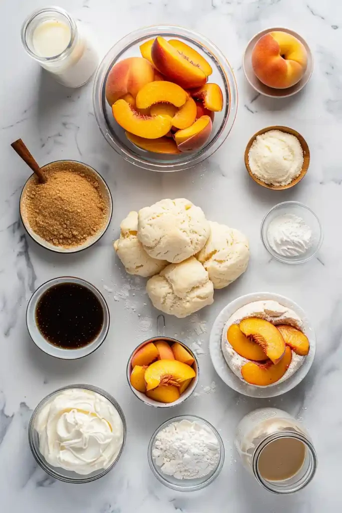 Homemade filled donuts with peach cobbler and cheesecake layers, drizzled with sweet glaze.