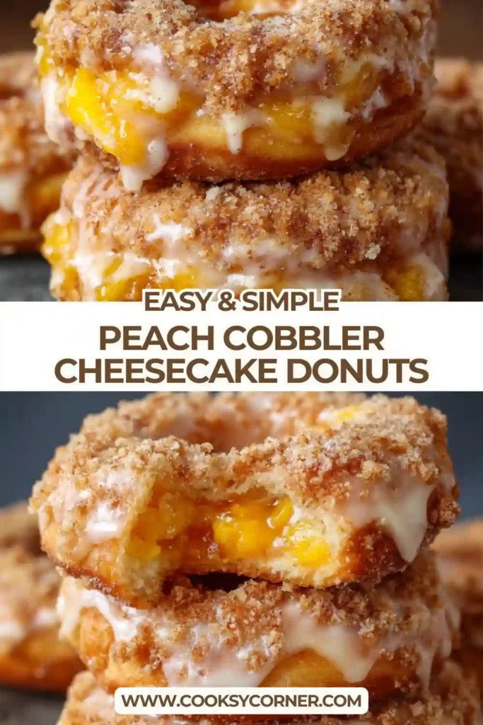 Golden fried biscuit donuts sliced and stuffed with cheesecake and peach cobbler mixture on a dessert plate.