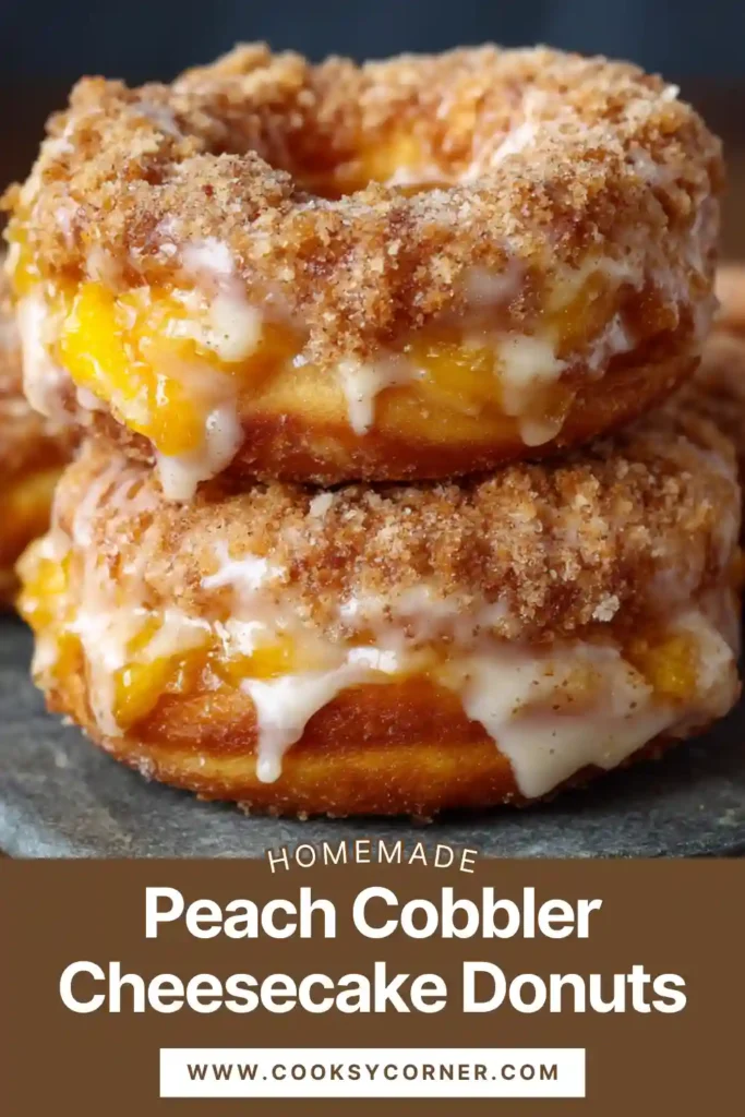 Peach Cobbler Cheesecake Donuts filled with creamy cheesecake and cinnamon peach filling, topped with glaze and graham cracker crumbs.