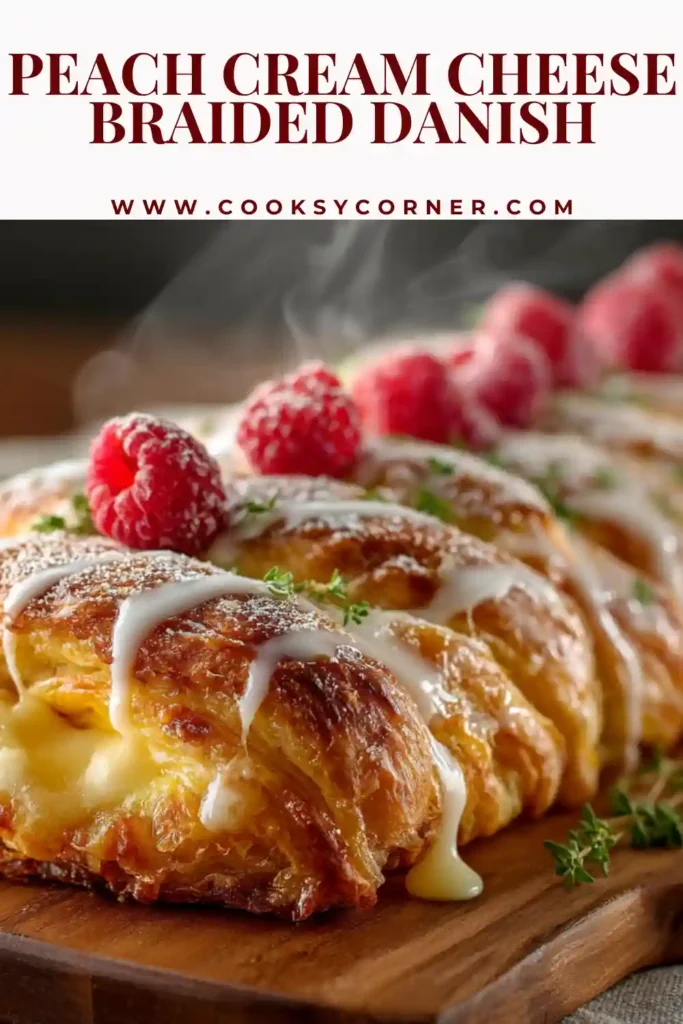 Puff pastry peach danish with creamy filling and coarse sugar topping.