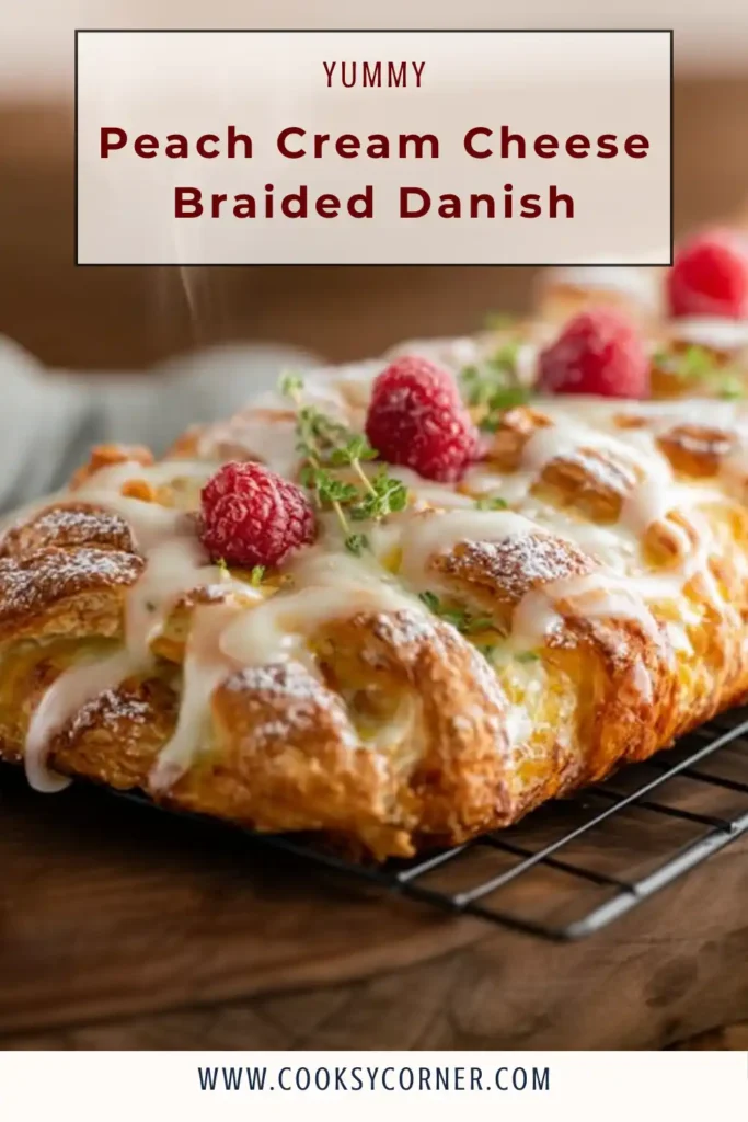 Close-up of braided peach danish drizzled with powdered sugar glaze.