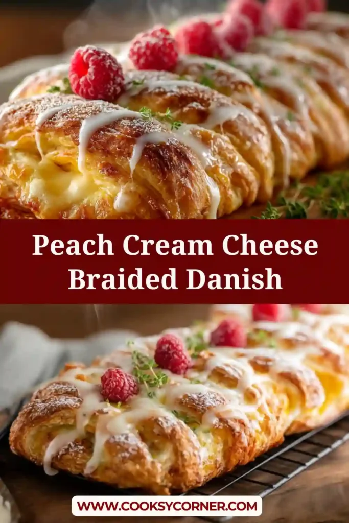 Peach Cream Cheese Braided Danish with golden flaky pastry and sweet peach slices.