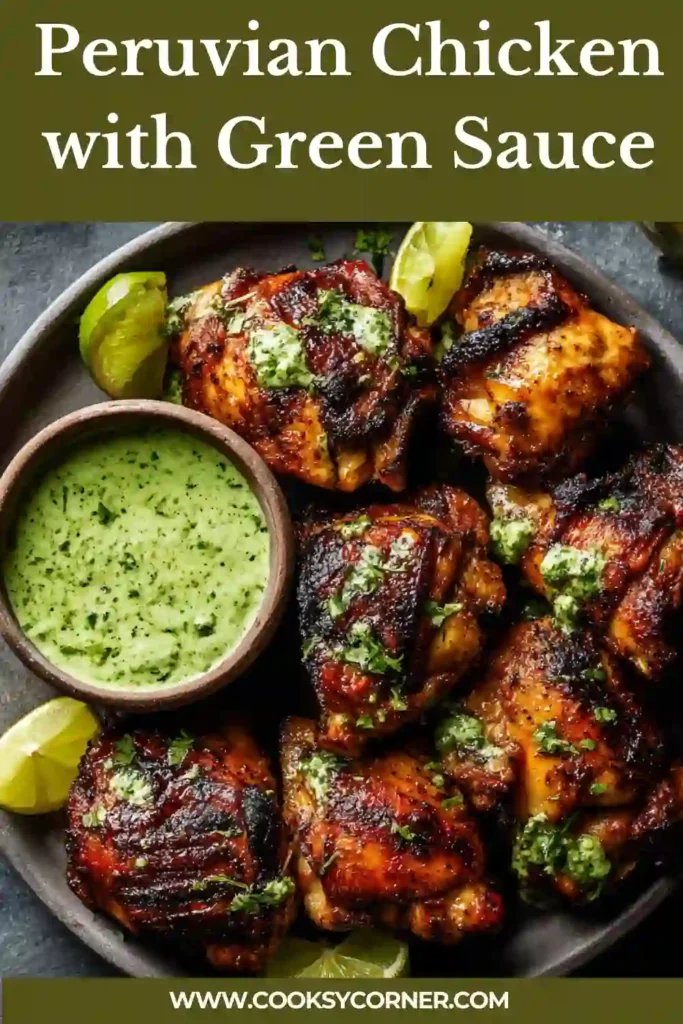 Oven-roasted Peruvian chicken with crispy edges and fresh green cilantro sauce.