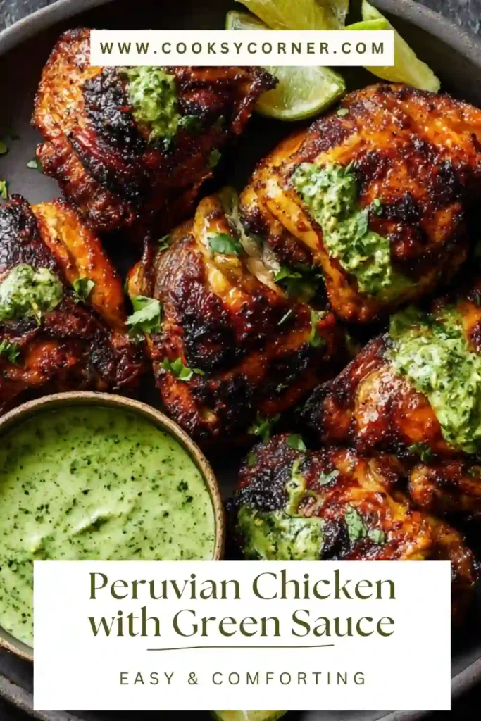 Close-up of juicy grilled Peruvian chicken topped with vibrant green sauce.