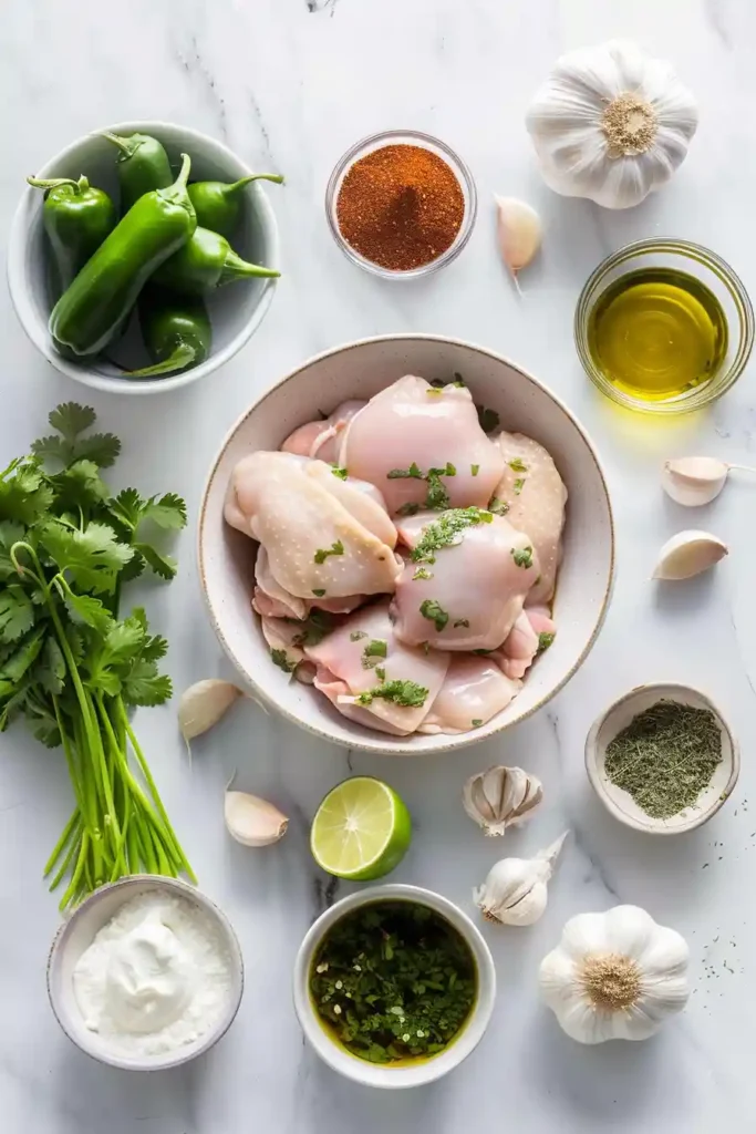 Grilled chicken thighs served with spicy green aji verde sauce and lime wedges.