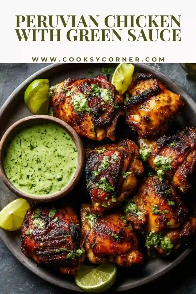 Peruvian Chicken with Green Sauce served on a platter with grilled chicken thighs and creamy cilantro jalapeño sauce on the side.