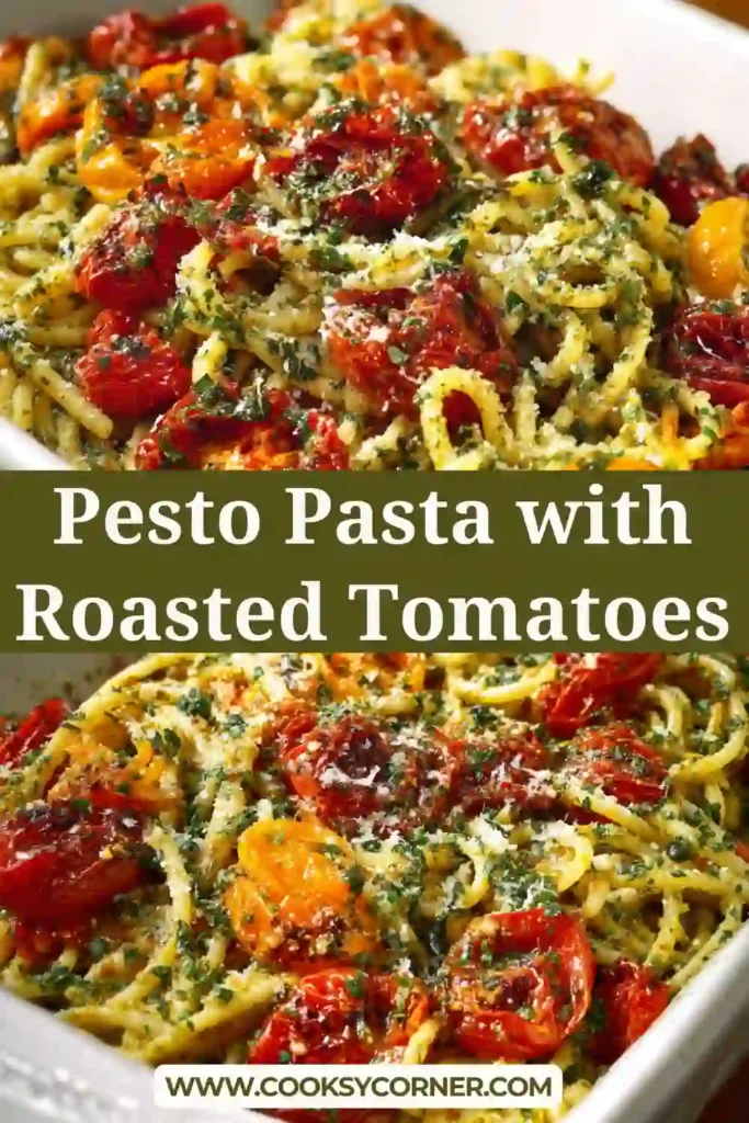 Roasted cherry tomatoes mixed into spaghetti with green pesto sauce on a baking tray.