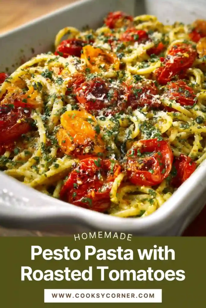 Pesto Pasta with Roasted Tomatoes served in a bowl with fresh basil leaves and grated Parmesan on top.