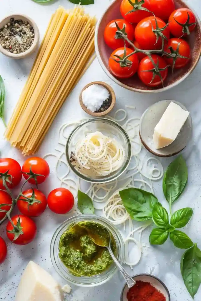 Vegetarian pesto pasta topped with Parmesan cheese and fresh basil leaves.