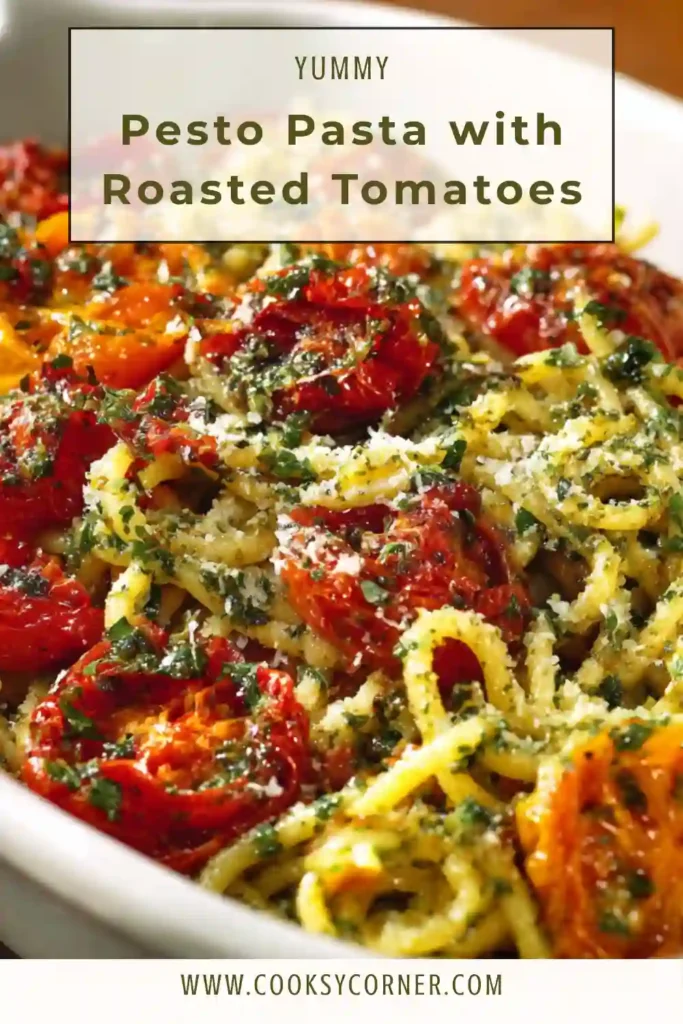 Creamy pesto spaghetti tossed with blistered cherry tomatoes and garnished with basil.