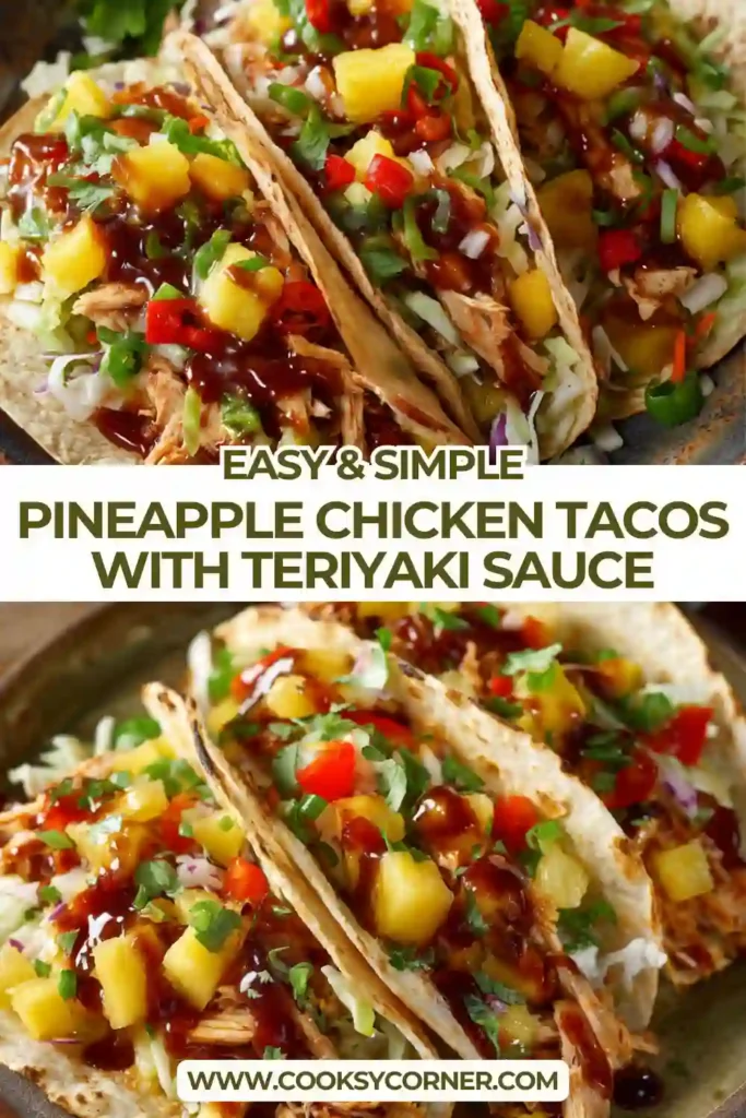 Close-up of Pineapple Chicken Tacos topped with diced tomatoes, green onions, and drizzled teriyaki sauce. Tropical chicken tacos served on a wooden table.