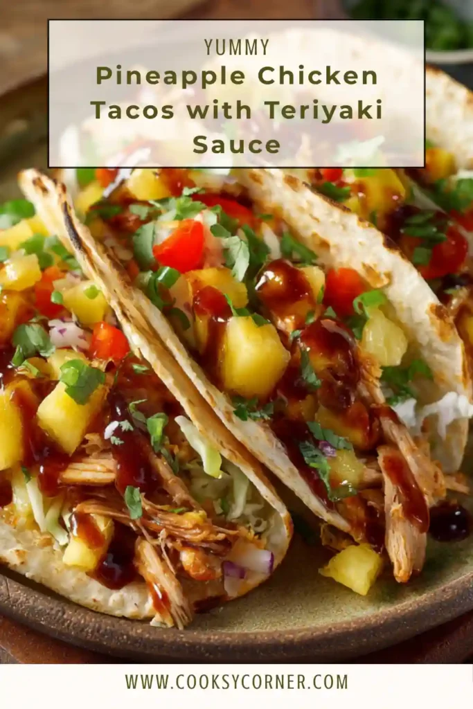 Pineapple Chicken Tacos filled with juicy teriyaki chicken, fresh pineapple chunks, shredded lettuce, and melted cheese in soft flour tortillas. A colorful sweet and savory taco recipe perfect for family dinner.